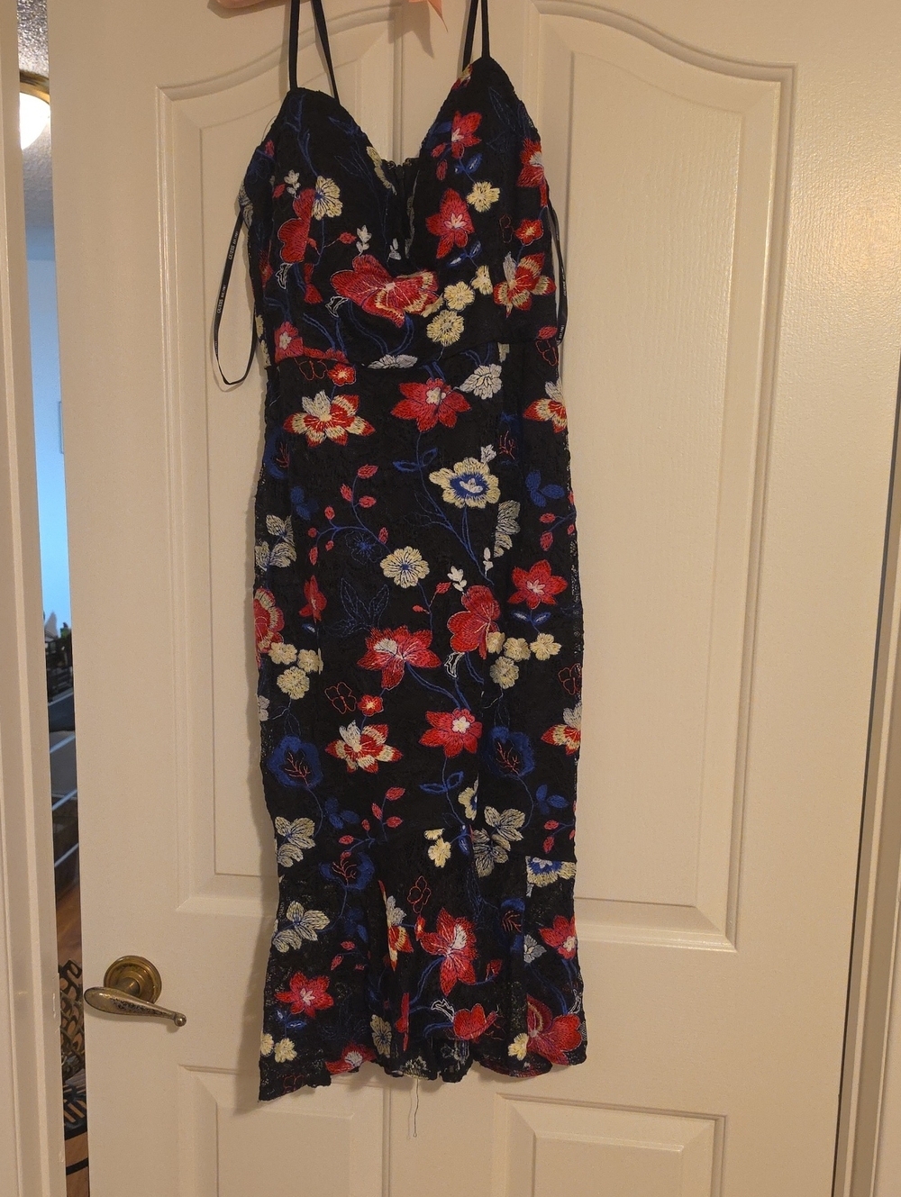 Guess Black Maxi Dress with Red, Blue & Cream Floral Embroidery